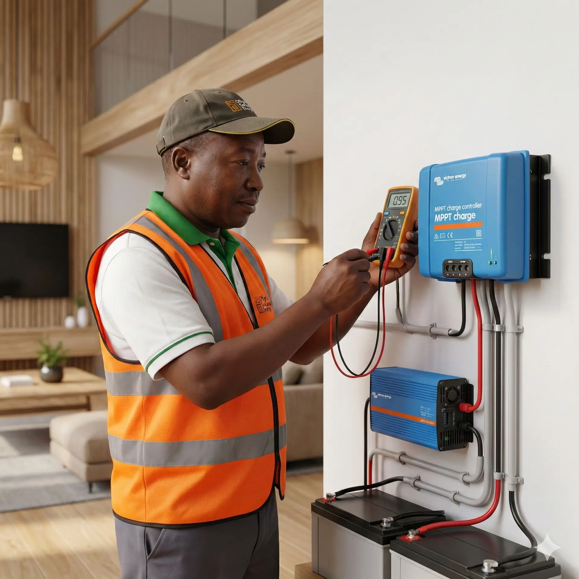 Certified solar technician testing MPPT charge controller with multimeter